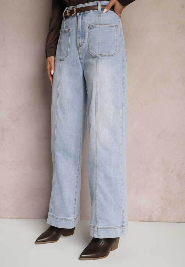 Renee - Jasnoniebieskie Jeansy Szerokie z Bawełną i Wiskozą High Waist z Przeszyciami Rivionis. Okazja: na spotkanie biznesowe. Stan: podwyższony. Kolor: niebieski. Styl: elegancki, biznesowy