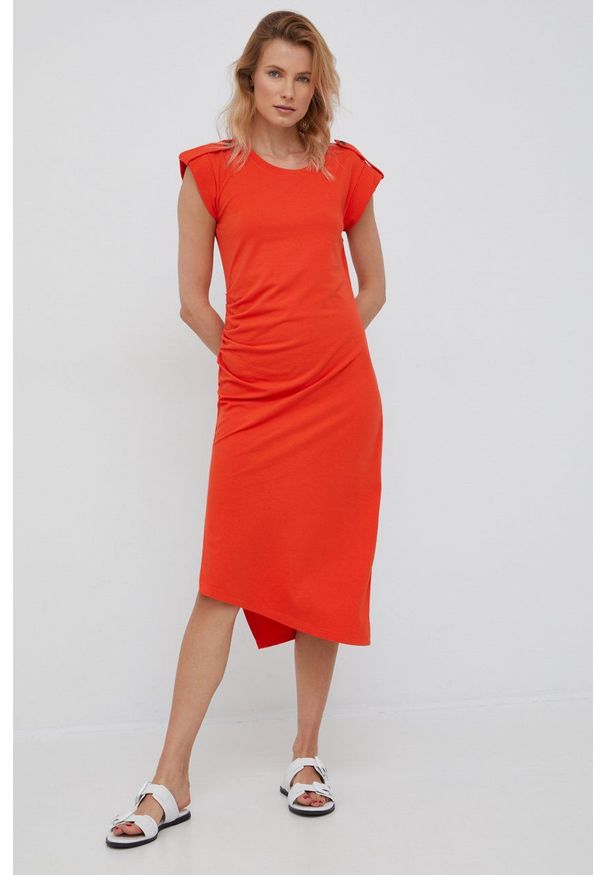 Lauren Ralph Lauren sukienka kolor pomarańczowy midi prosta. Okazja: na co dzień. Kolor: pomarańczowy. Materiał: dzianina. Długość rękawa: krótki rękaw. Typ sukienki: proste. Styl: casual. Długość: midi