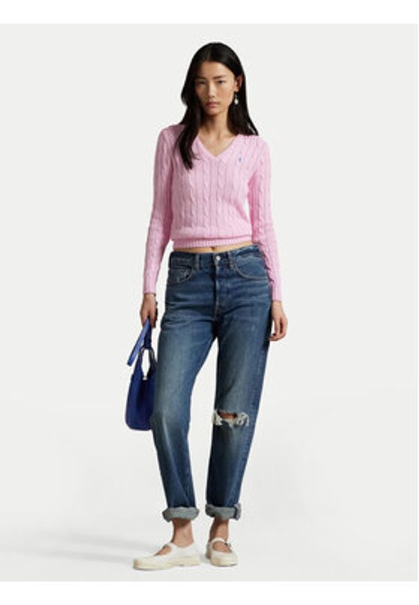 Polo Ralph Lauren Sweter 211971870006 Różowy Slim Fit. Typ kołnierza: polo. Kolor: różowy. Materiał: bawełna