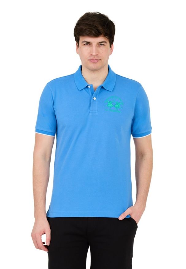 La Martina - LA MARTINA Niebieskie męskie polo z dużym logo, Rozmiar XXL. Typ kołnierza: polo. Kolor: niebieski