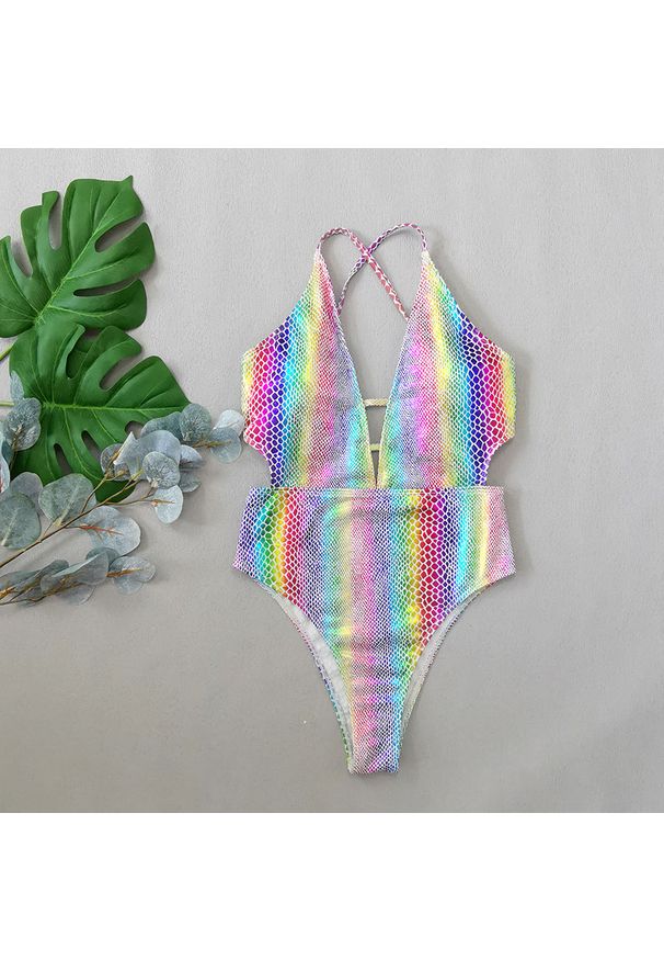 Intica - Strój kąpielowy jednoczęściowy w wzór rybiej łuski na plażę i basen Metanet. Kolor: wielokolorowy. Materiał: materiał