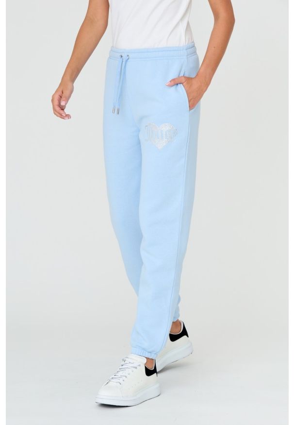 Juicy Couture - JUICY COUTURE Błękitne damskie spodnie Heart Diamante, Rozmiar XS. Kolor: niebieski. Materiał: poliester, bawełna, skóra. Wzór: aplikacja