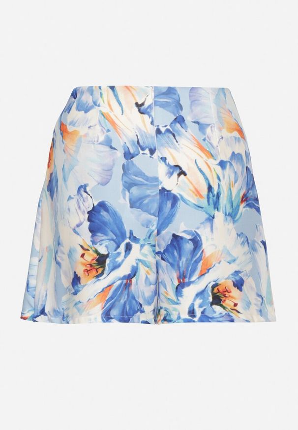 Born2be - Jasnoniebieskie Spódnico-Szorty z Wysokim Stanem Ozdobione Kwiatami Deriani. Okazja: na co dzień. Stan: podwyższony. Kolor: niebieski. Wzór: kwiaty, aplikacja. Sezon: wiosna. Styl: elegancki, casual