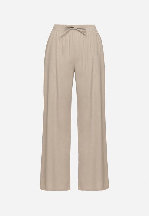 Born2be - Beżowe Szerokie Spodnie z Lnem z Gumką w Talii i Kieszeniami Filisela. Okazja: na co dzień, do pracy. Kolor: beżowy. Materiał: len. Styl: casual, elegancki