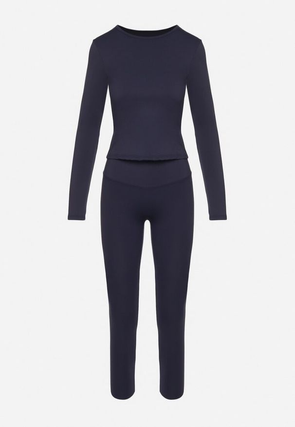 Born2be - Granatowy Komplet Sportowy Legginsy i Bluzka z Długim Rękawem Toretta. Kolor: niebieski. Wzór: aplikacja