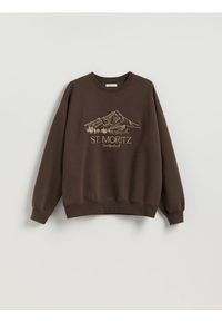 Reserved - Bluza z haftem - ciemnobrązowy. Kolor: brązowy. Materiał: dzianina, bawełna. Wzór: haft #1