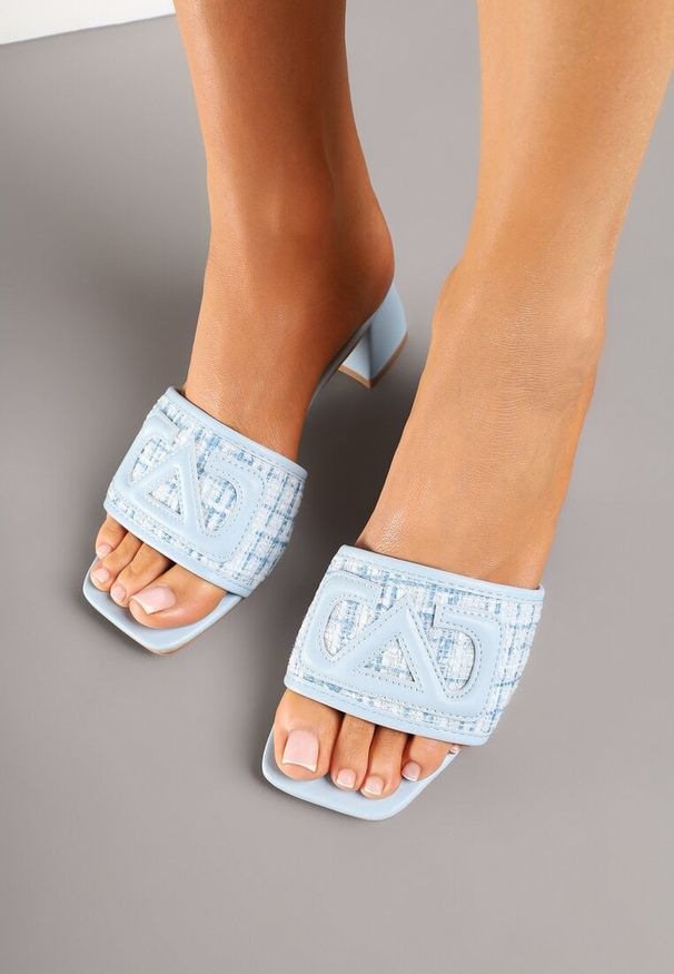 Born2be - Niebieskie Tweedowe Klapki na Obcasie z Ozdobą Sesielisa. Kolor: niebieski. Materiał: materiał. Wzór: aplikacja. Obcas: na obcasie. Styl: elegancki, klasyczny. Wysokość obcasa: średni