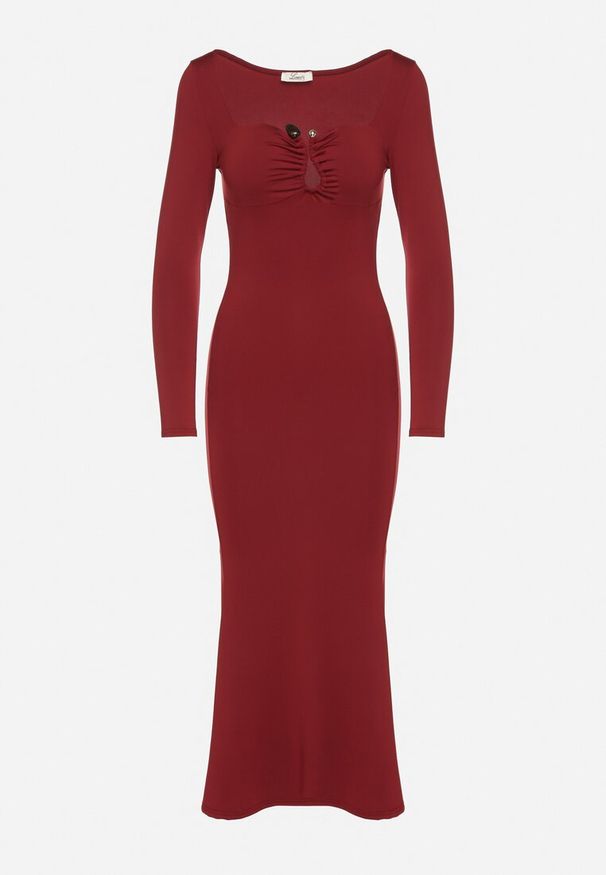 Born2be - Bordowa Koktajlowa Sukienka z Wiskozą i Metaliczną Ozdobą Refare. Okazja: na imprezę. Kolor: czerwony. Materiał: wiskoza. Wzór: aplikacja. Styl: wizytowy