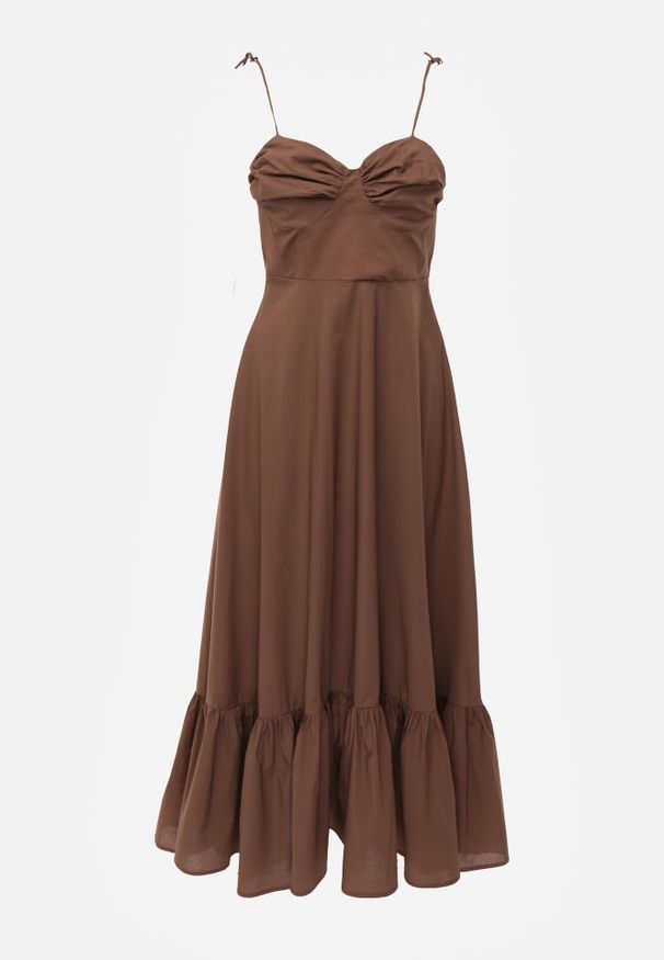 Born2be - Brązowa Bawełniana Sukienka o Rozkloszowanym Kroju na Wiązanych Ramiączkach Milalisa. Okazja: na co dzień. Typ kołnierza: dekolt gorset. Kolor: brązowy. Materiał: bawełna. Długość rękawa: na ramiączkach. Typ sukienki: gorsetowe. Styl: casual, klasyczny