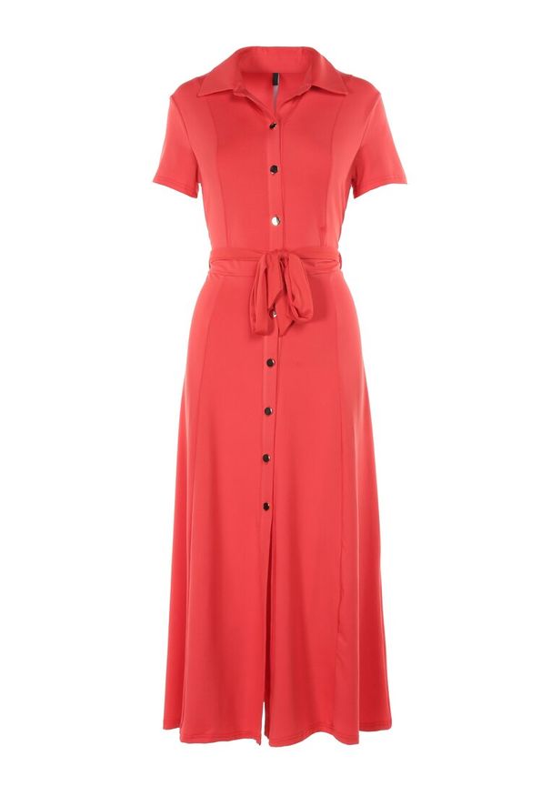 Born2be - Czerwona Sukienka o Koszulowym Fasonie Wiązana w Talii Ophieithe. Okazja: na co dzień. Kolor: czerwony. Materiał: dzianina, materiał. Długość rękawa: krótki rękaw. Typ sukienki: koszulowe. Styl: casual. Długość: midi