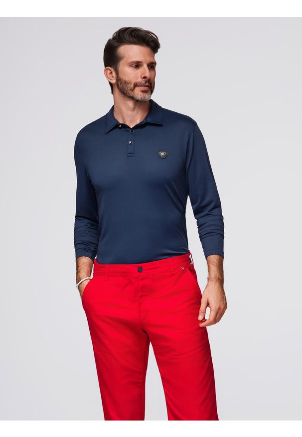 Ombre Clothing - Polo koszulka z długim rękawem zapinana na eleganckie, brandowane guziki – granatowa V3. Okazja: na co dzień. Typ kołnierza: polo. Kolor: niebieski. Materiał: nylon, elastan, skóra, dzianina. Długość rękawa: długi rękaw. Długość: długie. Styl: elegancki