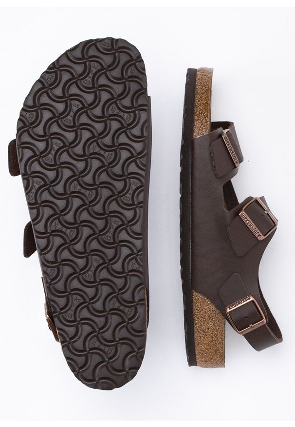 Sandały Unisex Birkenstock Milano BF (34701). Okazja: na spacer, na co dzień. Zapięcie: pasek. Kolor: brązowy. Materiał: materiał, skóra. Wzór: paski. Sezon: lato. Styl: klasyczny, młodzieżowy, sportowy, casual