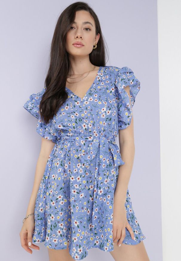 Born2be - Niebieska Sukienka Dioete. Kolor: niebieski. Materiał: materiał. Wzór: kwiaty