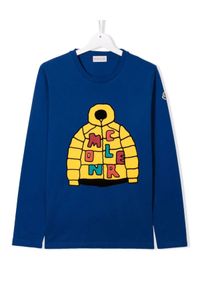 MONCLER KIDS - Niebieski t-shirt z graficznym nadrukiem 4-10 lat. Kolor: niebieski. Materiał: bawełna. Długość rękawa: długi rękaw. Długość: długie. Wzór: nadruk. Sezon: lato. Styl: klasyczny