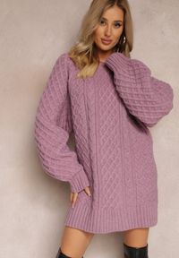 Renee - Fioletowy Długi Sweter Ozdobiony Drobnym Splotem Killoe. Kolor: fioletowy. Materiał: jeans. Długość: długie. Wzór: ze splotem, aplikacja #4