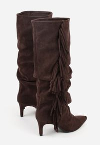 Renee - Brązowe Kozaki z Imitacji Zamszu na Szpilce z Marszczoną Cholewką z Frędzlami Linotris. Okazja: na co dzień. Kolor: brązowy. Materiał: zamsz. Szerokość cholewki: normalna. Obcas: na szpilce. Styl: casual #3