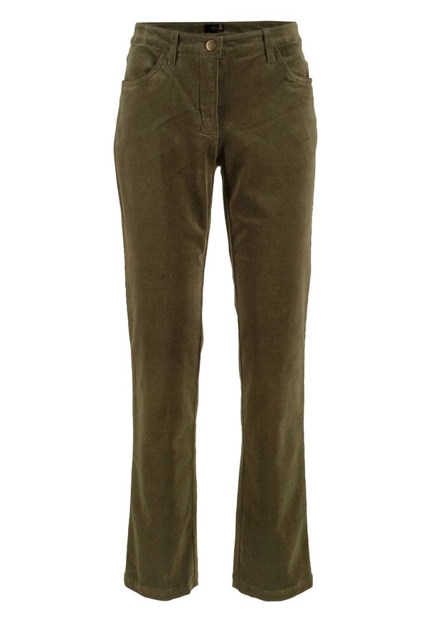Spodnie sztruksowe ze stretchem Straight bonprix ciemnooliwkowy. Stan: obniżony. Kolor: zielony. Materiał: elastan, materiał, sztruks, bawełna