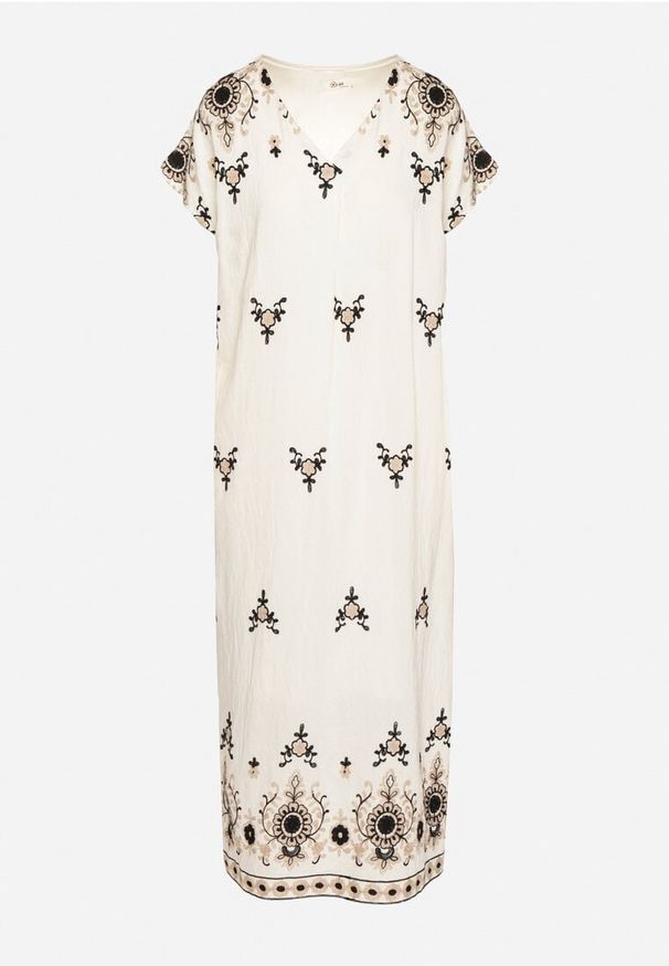 Born2be - Biało-Czarna Wiskozowa Sukienka Pudełkowa z Ornamentnym Wzorem Melosea. Okazja: na co dzień. Kolor: biały. Materiał: wiskoza. Styl: elegancki, casual