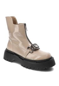Beżowe Botki S.Barski Modne Buty Damskie. Zapięcie: klamry. Kolor: beżowy. Materiał: skóra ekologiczna. Obcas: na platformie. Styl: elegancki