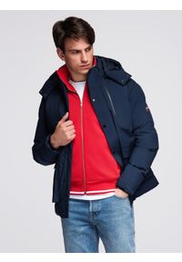 Ombre Clothing - Zimowa kurtka męska z odpinanym kapturem z wodoodpornego materiału - granatowa V1 - Rozmiar: M. Okazja: na co dzień. Kolor: niebieski. Materiał: materiał. Sezon: zima. Styl: casual, sportowy #1