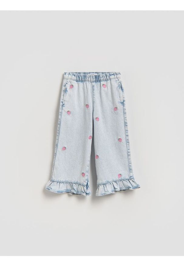 Reserved - Jeansy straight z haftem - niebieski. Kolor: niebieski. Materiał: jeans. Wzór: haft