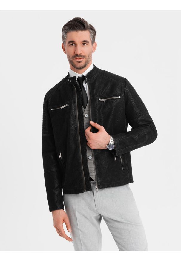 Ombre Clothing - Kurtka męska biker ze stójką w stylu retro – czarna V2. Typ kołnierza: kołnierzyk stójkowy. Kolor: czarny. Materiał: skóra, poliester, materiał. Styl: retro