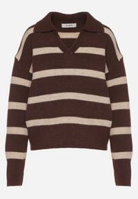 Born2be - Brązowy Sweter w Paski z Wełną i Dekoltem z Kołnierzykiem Tevana. Okazja: na co dzień. Typ kołnierza: dekolt w serek. Kolor: brązowy. Materiał: wełna. Wzór: paski. Styl: klasyczny, casual, elegancki #5