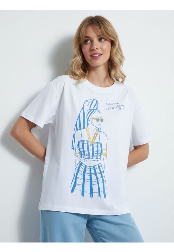 Sinsay - Bawełniana koszulka z nadrukiem - biały. Kolor: biały. Materiał: bawełna. Wzór: nadruk