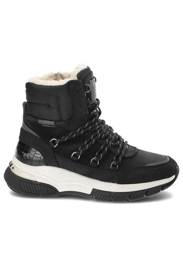 Czarne Śniegowce Mustang Ocieplane Buty Damskie. Kolor: czarny. Materiał: skóra ekologiczna, futro. Sezon: zima. Styl: elegancki