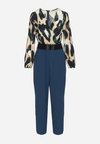 Born2be - Beżowo-Niebieski Kombinezon o Kopertowym Kroju z Dodatkowym Paskiem i Wzorzystą Górą Tinasirae. Okazja: na co dzień. Kolor: zielony. Styl: casual, elegancki #3