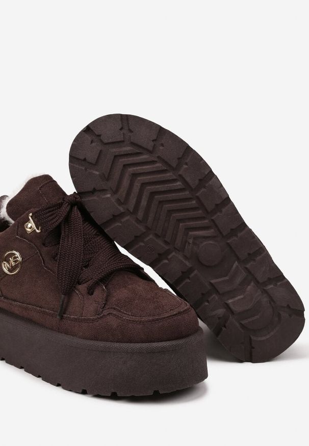 Renee - Brązowe Sneakersy z Ekozamszu na Grubej Podeszwie Wyściełane Futerkiem Senavel. Okazja: na spacer. Zapięcie: sznurówki. Kolor: brązowy. Materiał: futro. Sezon: jesień. Sport: turystyka piesza