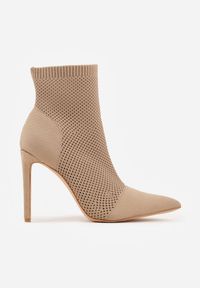 Renee - Ciemnobeżowe Botki VICES na Szpilce z Elastyczną Dzianinową Cholewką Dedanna. Nosek buta: otwarty. Kolor: beżowy. Materiał: dzianina. Szerokość cholewki: normalna. Obcas: na szpilce. Wysokość obcasa: średni #5