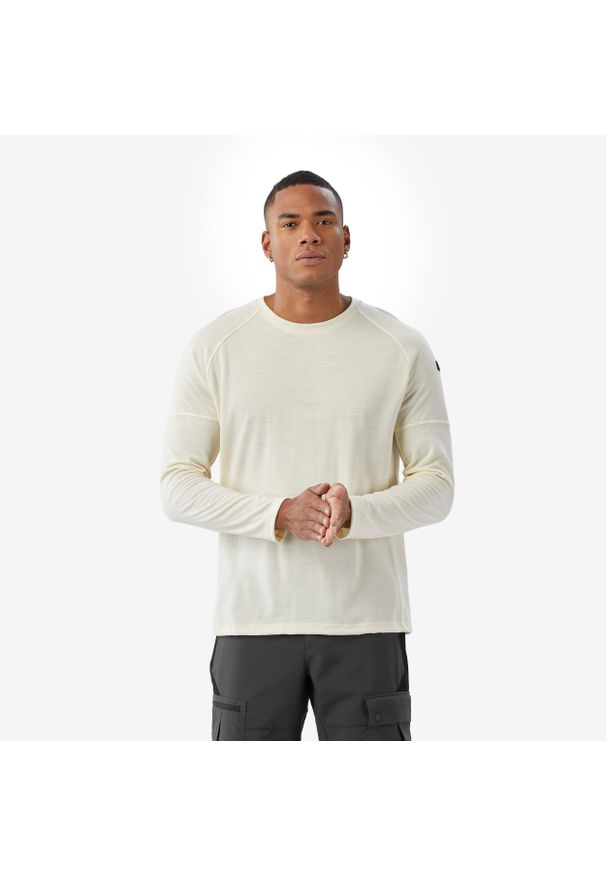 FORCLAZ - Koszulka męska trekkingowa z długim rękawem Merino Resist undyed. Kolor: biały. Materiał: wełna, poliamid, materiał. Długość rękawa: długi rękaw. Długość: długie. Sport: turystyka piesza