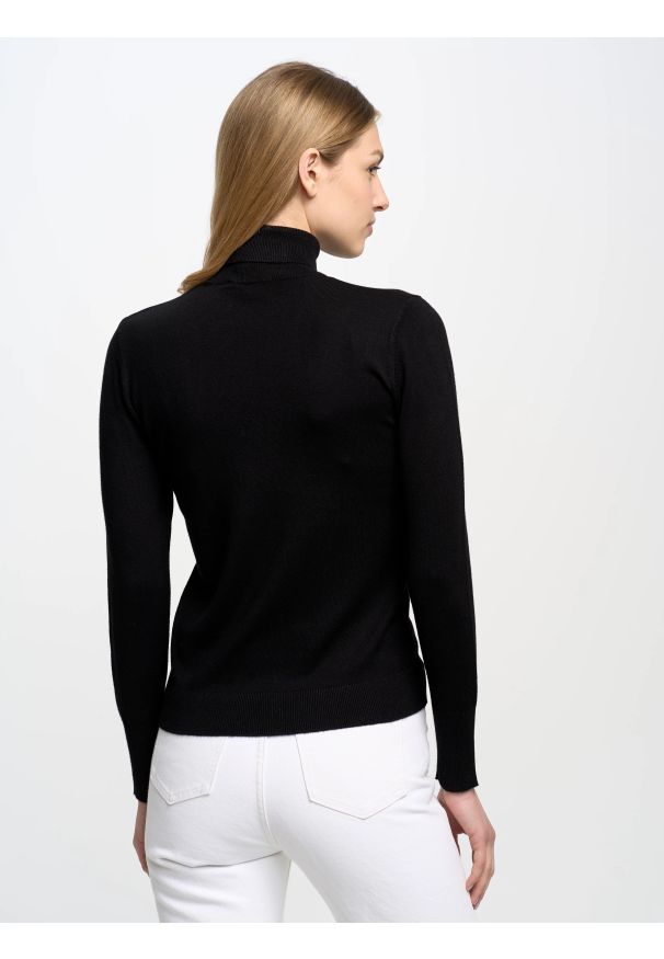 Big-Star - Sweter damski z golfem czarny Charlinka 906. Okazja: na spotkanie biznesowe, na co dzień. Typ kołnierza: golf. Kolor: czarny. Materiał: skóra, dzianina. Wzór: aplikacja. Styl: klasyczny, casual, biznesowy
