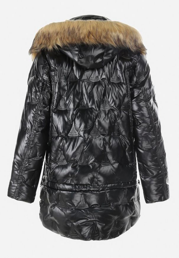 Born2be - Czarna Kurtka Metaliczna z Futrzanym Kapturem Amolika. Okazja: na co dzień. Kolor: czarny. Materiał: futro. Styl: casual