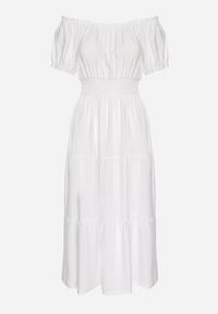 Born2be - Biała Sukienka o Rozkloszowanym Kroju z Dekoltem Typu Łódka Miranea. Okazja: na co dzień. Kolor: biały. Materiał: jeans. Typ sukienki: proste, rozkloszowane. Styl: casual, klasyczny #6