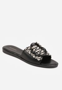 Renee - Czarne Klapki z Plecionką i Geometryczną Klamrą Nemornell. Okazja: na co dzień. Kolor: czarny. Materiał: len. Wzór: geometria. Sezon: lato. Styl: boho, casual, retro #8