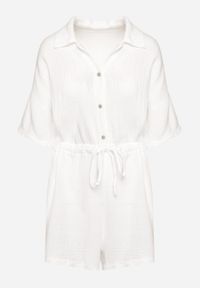 Born2be - Biały Muślinowy Kombinezon z Bawełny Wiązany w Talii z Guzikami Dlirena. Kolor: biały. Materiał: bawełna. Długość rękawa: krótki rękaw. Długość: krótkie. Styl: elegancki #3