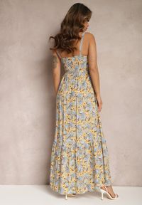 Renee - Jasnoniebieska Rozkloszowana Sukienka Maxi z Wiskozy w Kwiatowy Print na Ramiączkach Roisintia. Kolor: niebieski. Materiał: wiskoza. Długość rękawa: na ramiączkach. Wzór: kwiaty, nadruk. Długość: maxi
