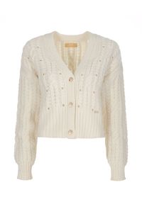 Ochnik - Kremowy sweter damski z nitami. Kolor: biały. Materiał: akryl. Długość: długie. Wzór: aplikacja