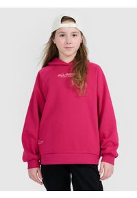 4f - 4F Bluza dresowa nierozpinana z kapturem dziewczęca - różowa 146 (10-11 lat). Okazja: na co dzień. Typ kołnierza: kaptur. Kolor: różowy. Materiał: dresówka. Długość rękawa: raglanowy rękaw. Wzór: gładki, nadruk, ze splotem. Sezon: lato. Styl: casual, klasyczny, sportowy #1