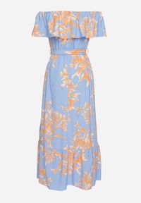 Born2be - Niebieska Sukienka Hiszpanka o Rozkloszowanym Kroju z Wiązanym Paskiem Sesiniela. Okazja: na co dzień. Typ kołnierza: dekolt hiszpanka. Kolor: niebieski. Typ sukienki: rozkloszowane. Styl: casual, elegancki #6