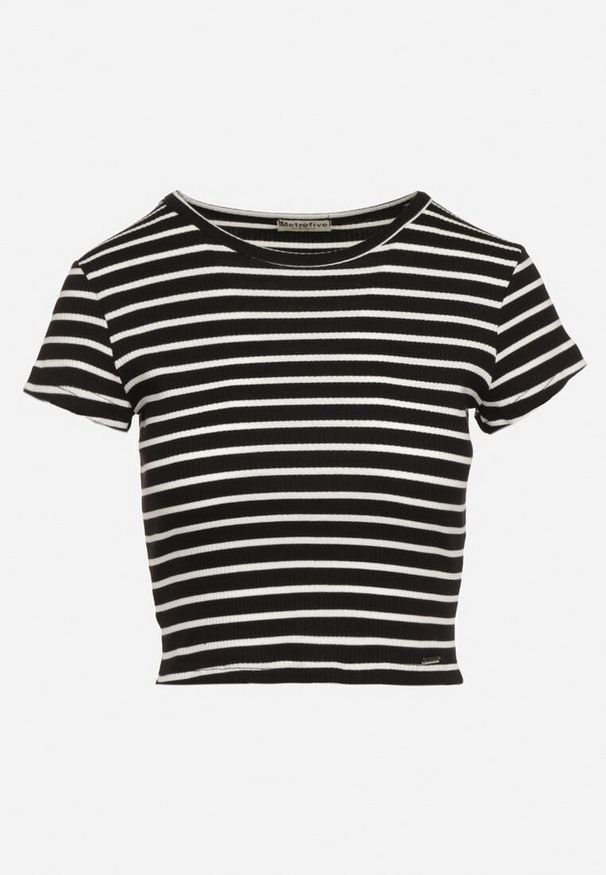 Born2be - Czarno-Biały Bawełniany T-shirt Prążkowany o Krótkim Kroju Quedara. Kolor: czarny. Materiał: bawełna, prążkowany. Długość: krótkie. Sezon: lato