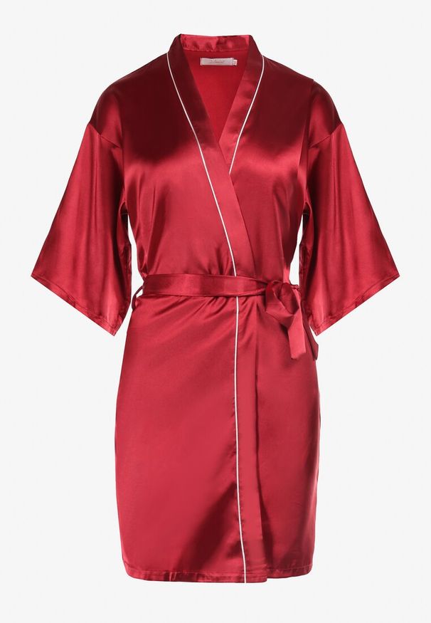 Renee - Bordowy Szlafrok Pheneis. Typ kołnierza: dekolt w kształcie V. Kolor: czerwony. Materiał: satyna, koronka, tkanina, materiał. Długość: długie. Wzór: gładki