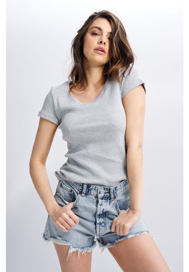 BLUZKA SALMA JASNO SZARA KRÓTKI RĘKAW L - Flawless. Okazja: na spotkanie biznesowe, do pracy. Kolor: szary. Materiał: jeans, dresówka, prążkowany, dzianina. Długość rękawa: krótki rękaw. Długość: krótkie. Styl: klasyczny, biznesowy