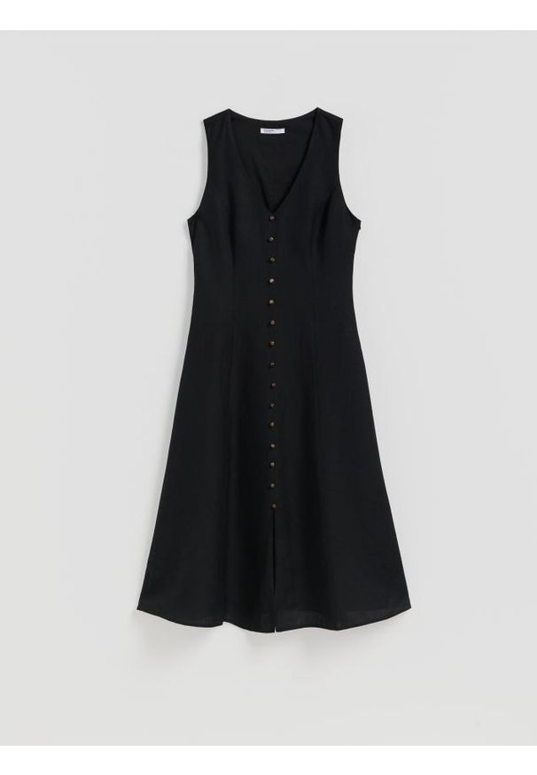 Reserved - Sukienka midi z lnem - czarny. Kolor: czarny. Materiał: len. Długość: midi