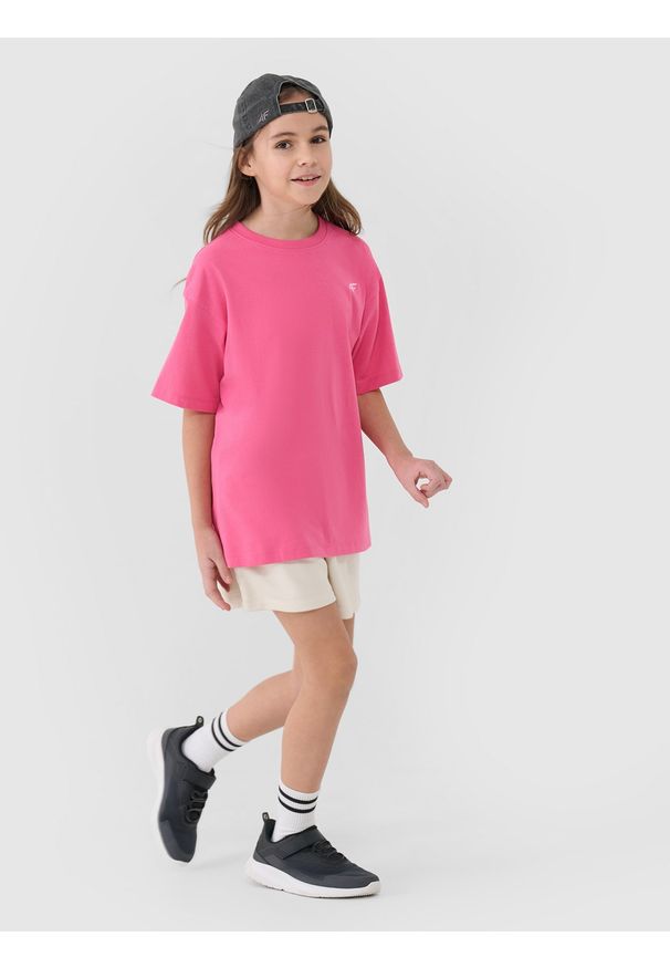 4f - 4F T-shirt oversize gładki dziewczęcy - różowy 122 (6-7 lat). Okazja: na co dzień. Kolor: różowy. Materiał: dzianina, jersey, bawełna. Wzór: gładki. Sezon: lato. Styl: casual, klasyczny, sportowy