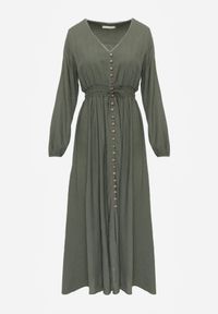 Renee - Zielona Sukienka z Lnem i Wiskozą o Rozkloszowanym Kroju z Ozdobnymi Guzikami Maitena. Okazja: na co dzień. Typ kołnierza: dekolt w kształcie V. Kolor: zielony. Materiał: wiskoza, len. Długość rękawa: długi rękaw. Typ sukienki: rozkloszowane. Styl: elegancki, casual #4