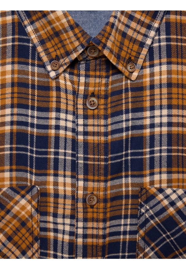 Big-Star - Koszula męska flanelowa w kratę granatowo-pomaraŅczowa Kolisar 403. Okazja: na co dzień. Kolor: niebieski. Materiał: jeans, tkanina, materiał. Wzór: kolorowy, kratka. Styl: casual