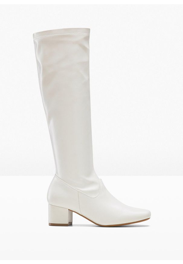 bonprix - Kozaki. Kolor: biały. Materiał: materiał. Szerokość cholewki: normalna. Obcas: na obcasie. Styl: elegancki. Wysokość obcasa: średni